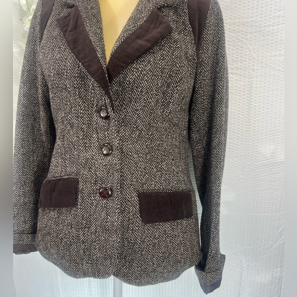 Women's Tweed Blazer Size Medium Brown Herringbone VELVETEEN Trim Dollhouse - Picture 3 of 14